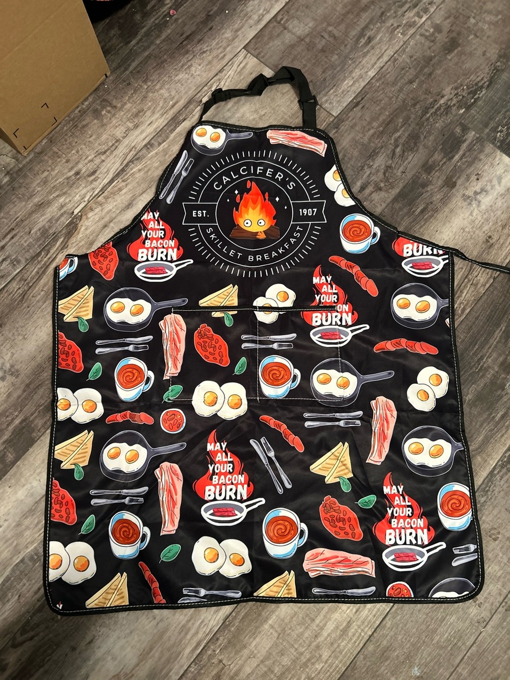 Private Label Black Apron with Bacon, Eggs & Breakfast Print